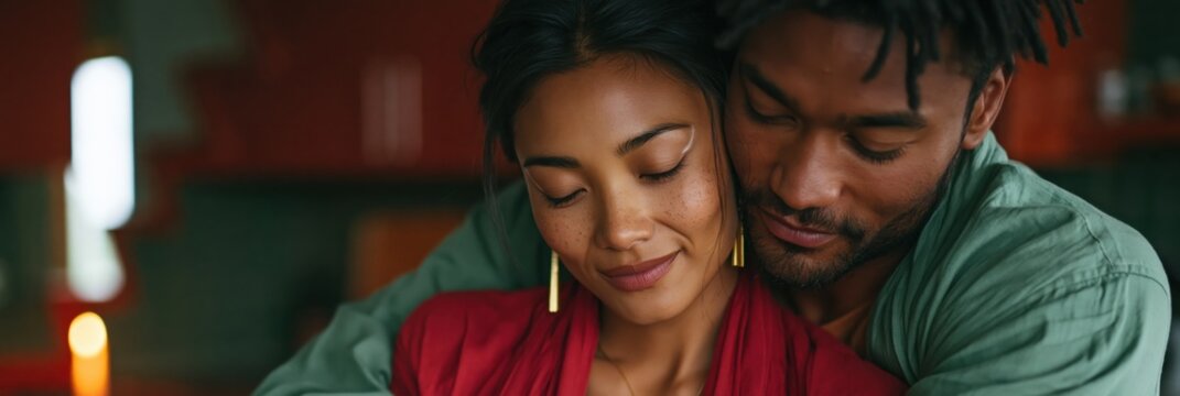 Intimate couple embracing in a cozy home interior background for romantic banner and lifestyle design use