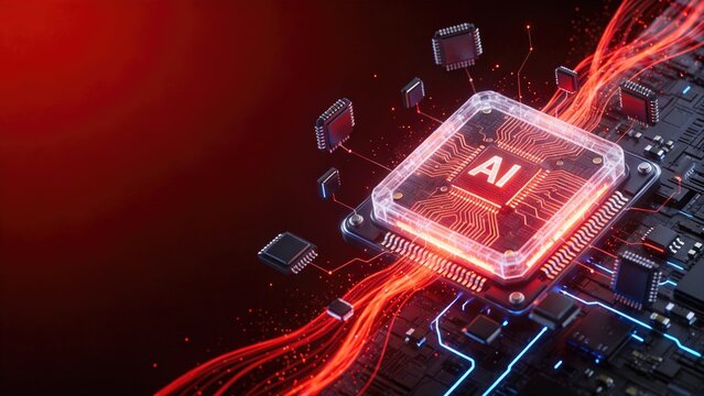 Artificial intelligence processor chip with glowing red data channels and advanced machine learning computing technology concept