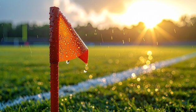 Close Up of Orange Flag on Green Field During Sunset.