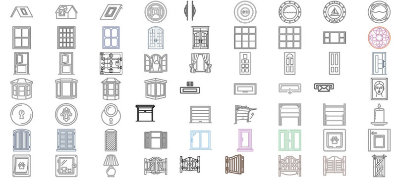Premium architectural doors and windows vector icon set bundle featuring residential skylights, nautical portholes, elegant french doors, security peepholes, and classic sash frames collection.