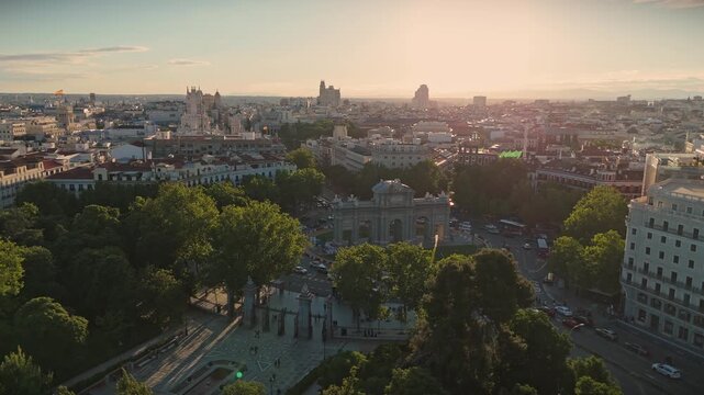 Drone tracking shot circling around the iconic Puerta de Alcala monument