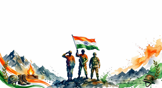 Patriotic Kargil Vijay Diwas background with Indian soldiers and tricolor.