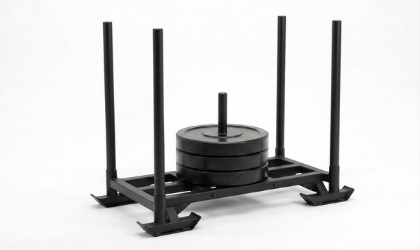Black fitness sled push with weight plates isolated on white background.