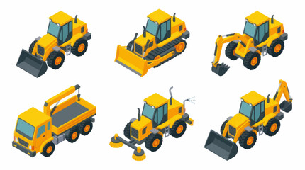 Collection of Yellow Construction Vehicles in Isometric View. © Siti