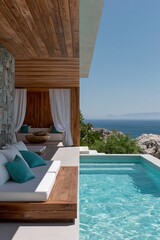 Fototapeta premium Modern mediterranean pool terrace with sea view and wooden cabana for luxury resort background