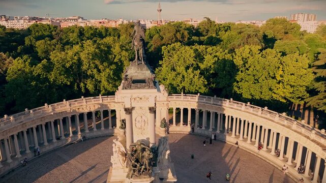 Overhead drone perspective panning slowly up of the Alfonso XII square in El Retiro Park.
