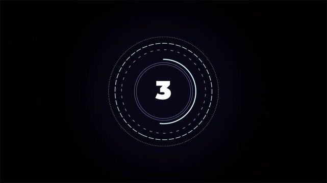 Futuristic circular countdown from five with digital distortion, glitchy HUD timer 4k video