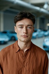 Obraz premium Casual young man portrait with brown shirt in modern showroom with blurred cars for automotive portrait banner and lifestyle design
