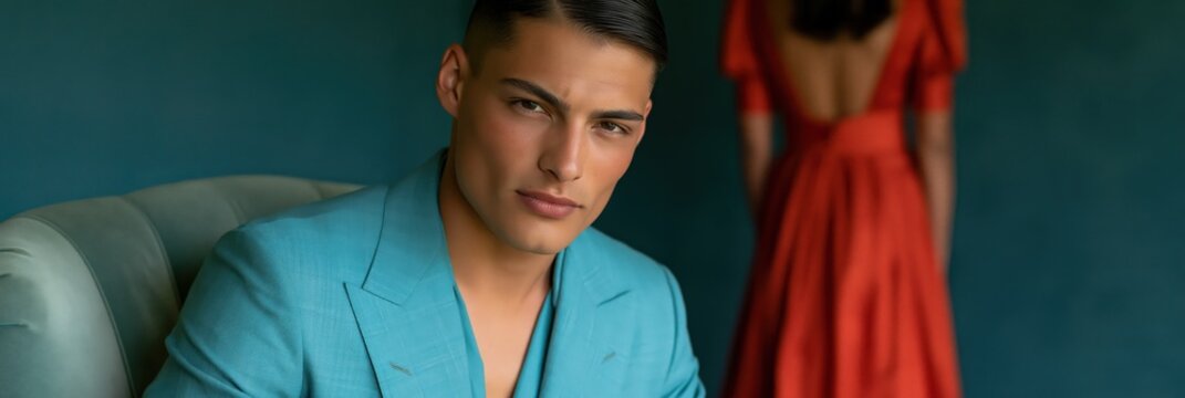 Tight editorial portrait of a male model wearing a teal suit with a red gown silhouette behind for fashion layout and upscale banner background