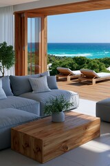 Obraz premium Modern coastal living room with ocean view and wooden deck for summer vacation background and interior design