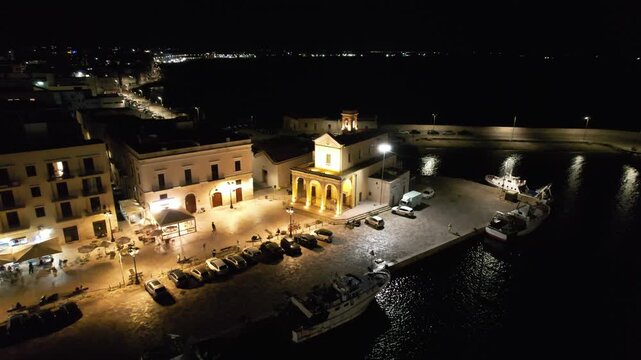 Gallipoli at night &ndash; Italy, Apulia &ndash; aerial view of the Santuario di Santa Maria del Canneto church