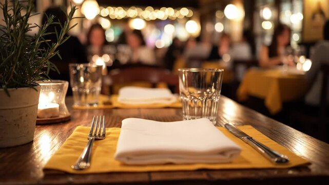 Closeup of a table setting in a cozy restaurant with soft lighting and blurred background