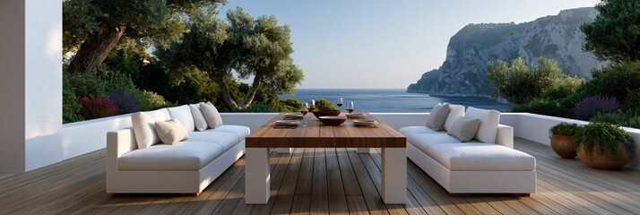 Obraz premium Oceanfront modern outdoor terrace with white sofas and wooden table for luxury balcony background and lifestyle design