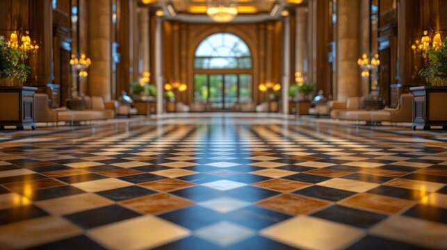 Luxurious hotel lobby, polished checkered floor, elegant interior, view of grand entrance