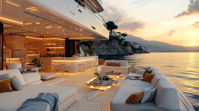 Luxurious yacht deck bar at sunset overlooking coastline