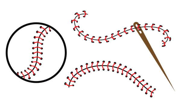 Red baseball stitching patterns icon website graphic design. Flat style for top ranked athletic visuals stitch or symbol of stitching with a needle. Vector image.