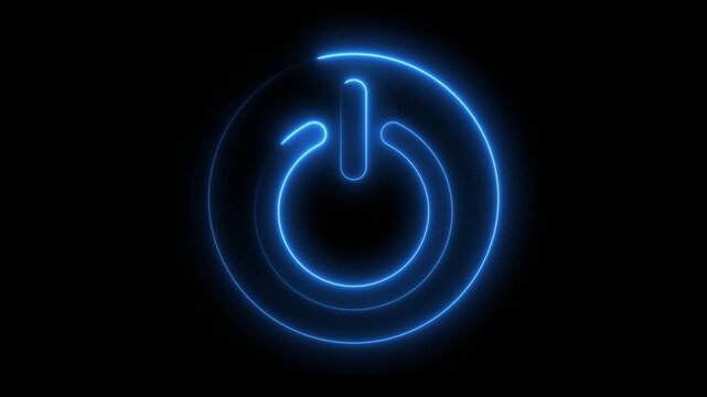 Neon glowing power button icon animated on a black background.