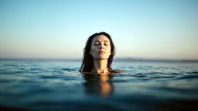Portrait serene young woman with wet hair floating, standing peacefully in calm blue ocean water,sea while eyes are closed during a beautiful quiet sunset in the summer evening