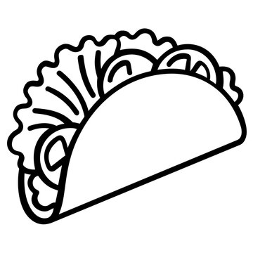 Crunchy hard shell taco with shredded lettuce vector icon illustration, traditional Mexican street food snack with savory fillings, minimalist flat design line art graphic for food truck app.