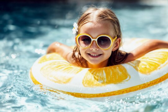Smiling young little girl,child wearing stylish yellow sunglasses and a white flower in her hair floating, swimming joyfully on a bright citrus fruit inflatable ring inside cool water swimming pool