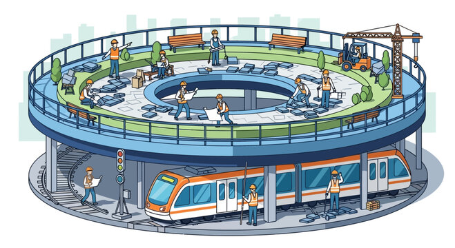 Construction Workers Building Elevated Metro Station Platform