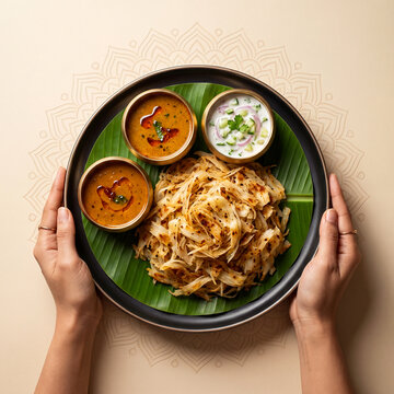 Nool Parotta with Salna and Onion Raita Traditional South Indian Meal Served on Banana Leaf