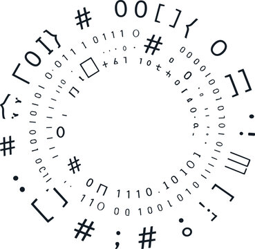 Circular arrangement of binary code, hashtags, and programming syntax symbols