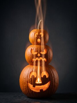 Three stacked carved pumpkins (small surprised, medium angry, large happy) with vertical stroboscopic light beam from bottom candle passing through all, dark grey background, frontal view
