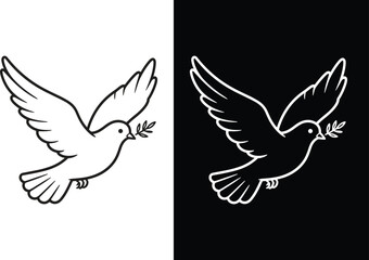 Fototapeta premium Flying dove with olive branch, minimalist line bird