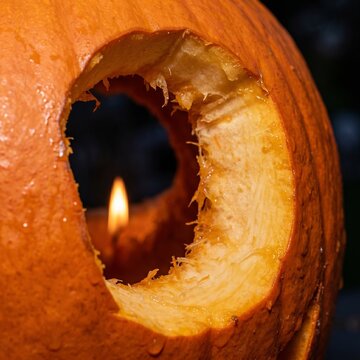 Extreme close-up macro carved pumpkin ghost eye: thick orange rind, pale yellow flesh, inner cavity with candle flame reflection on opposite wall, tiny fibers and moisture droplets, hyperrealistic
