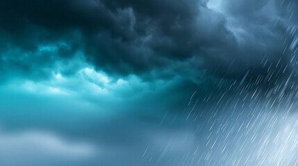 Fototapeta premium Menacing summer sky with heavy dark blue rain clouds on one side and falling rain on the other, dramatic weather contrast concept, defocused, with copy space