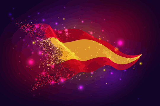 spain flag waving with particles and sparks flying around on purple background