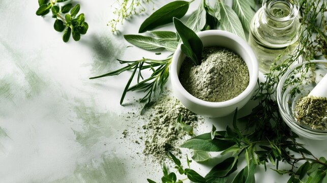 Herbal powder in mortar and pestle with fresh aromatic herbs and essential oil