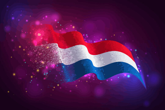 Dutch flag waving with sparkling particles on purple background