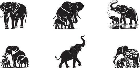 Black Elephant Icons, Elephant Silhouette Set, Wildlife Vector Graphics, Animal Symbols © Sania