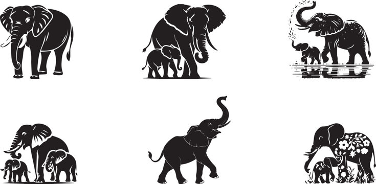 Black Elephant Icons, Elephant Silhouette Set, Wildlife Vector Graphics, Animal Symbols
