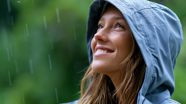 Anonymous woman looking up at rain in nature with a bright smile, young woman rejoicing in summer rain concept, faceless close-up, defocused, with copy space