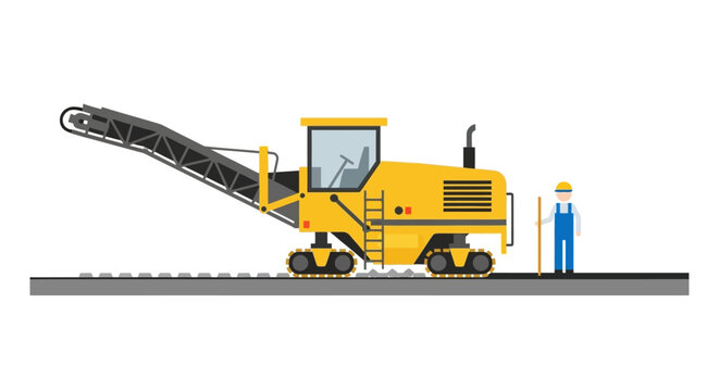 Yellow milling machine on tracks with worker, road construction, flat design