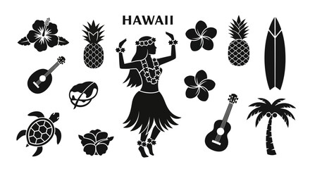 Fototapeta premium Set of black Hawaii tropical island theme icons and silhouettes.
