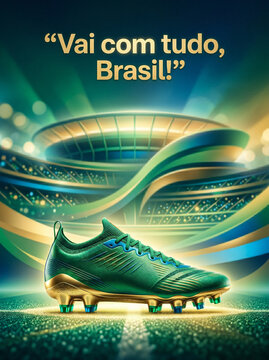 Green soccer shoe on stadium background