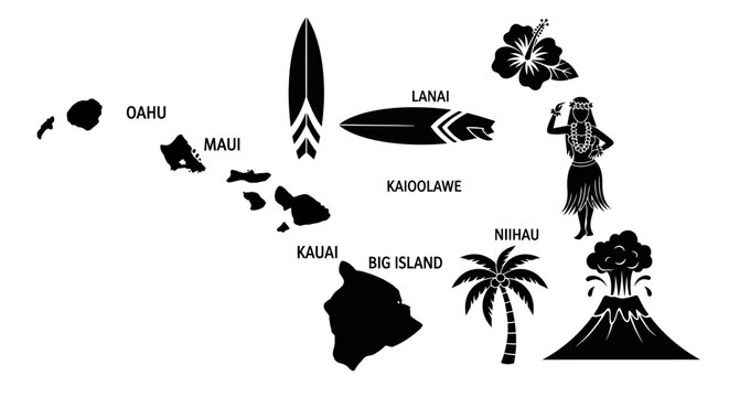 Black and white silhouette map of the Hawaiian islands with tropical travel icons.