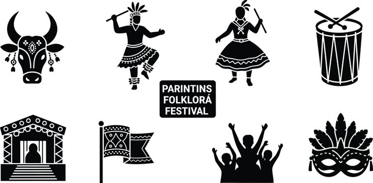 Parintins folklore festival brazilian cultural celebration black silhouette icon set