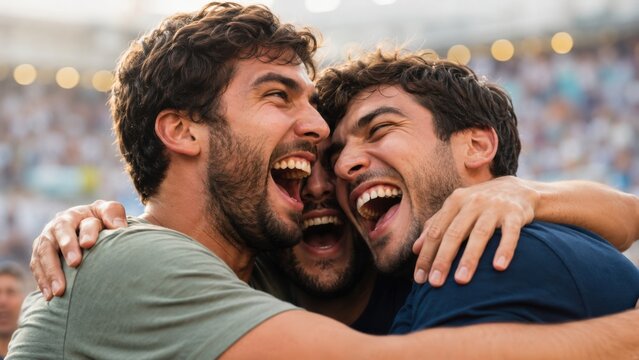 Freunde umarmen sich lachend nach einem Fu&szlig;balltor, ausgelassene Fanfreude zu einem internationalen Turnier 2026 in den USA.