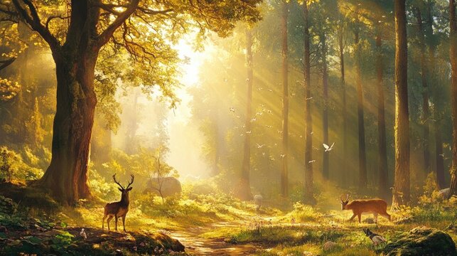 A forest bathed in soft, warm sunlight, where animals peacefully coexist with the environment