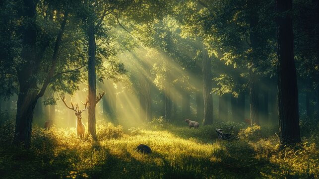A forest bathed in soft, warm sunlight, where animals peacefully coexist with the environment