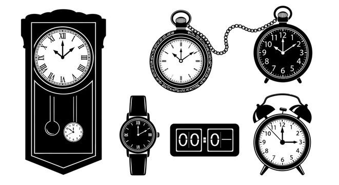 Collection of traditional black silhouette timekeeping devices including grandfather clock, pocket watch, alarm clock, wristwatch, and digital clock on an isolated white background.