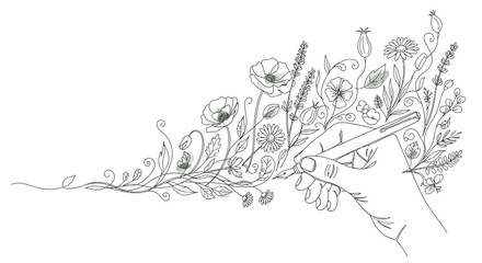 Obraz premium Hand holding a pen drawing a beautiful swirl of blooming flowers and natural elements, symbolizing creativity and organic growth on an isolated white background.