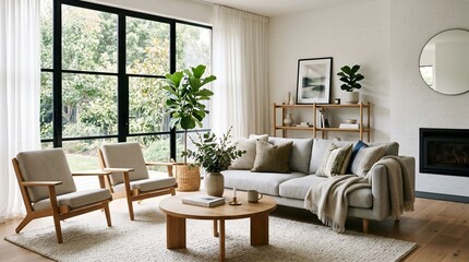Fototapeta premium Modern Minimalist Living Room Interior with Scandinavian Design, Large Windows, and Garden View