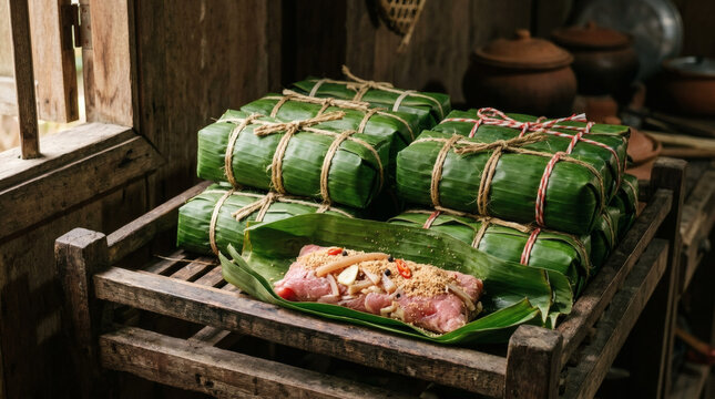 Nem Chua Fermented Pork Parcels on Rustic Wooden Background