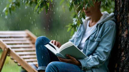 Fototapeta premium Anonymous woman reading a book under a large tree canopy as light rain falls around her, peaceful outdoor relaxation and rainy day lifestyle concept, faceless, defocused, with